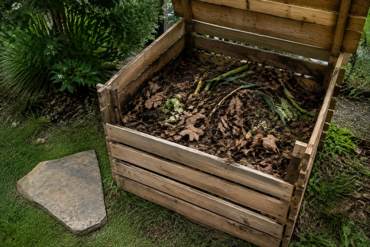 Compost de jardin ouvert laissant apparaître des feuilles en décomposition et une pierre plate
