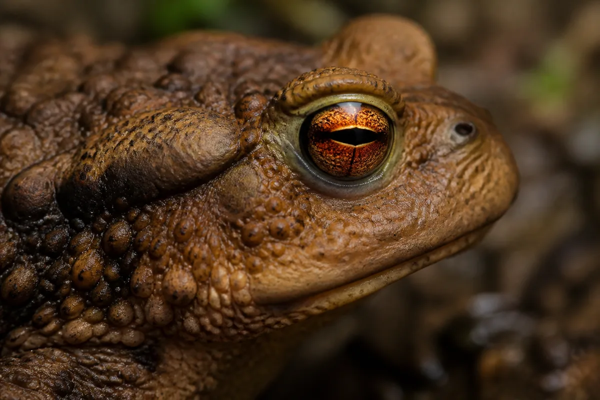 Gros plan sur l’oeil cuivre d’un crapaud commun pose sur un sol humide