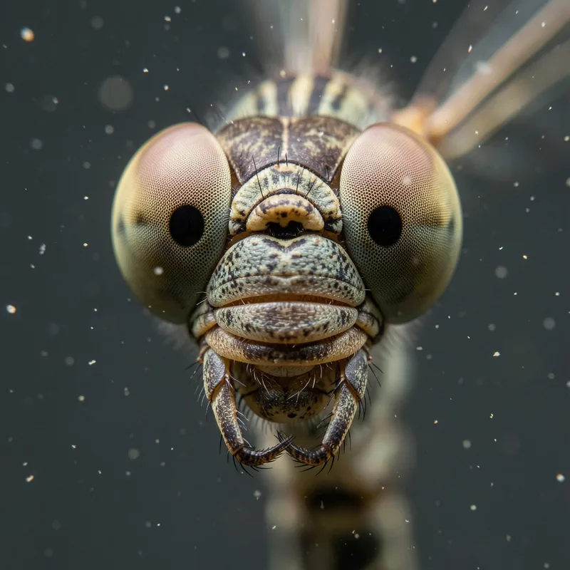 Gros plan sur une larve d’anisoptère aux gros yeux latéraux, masque replié sous la tête