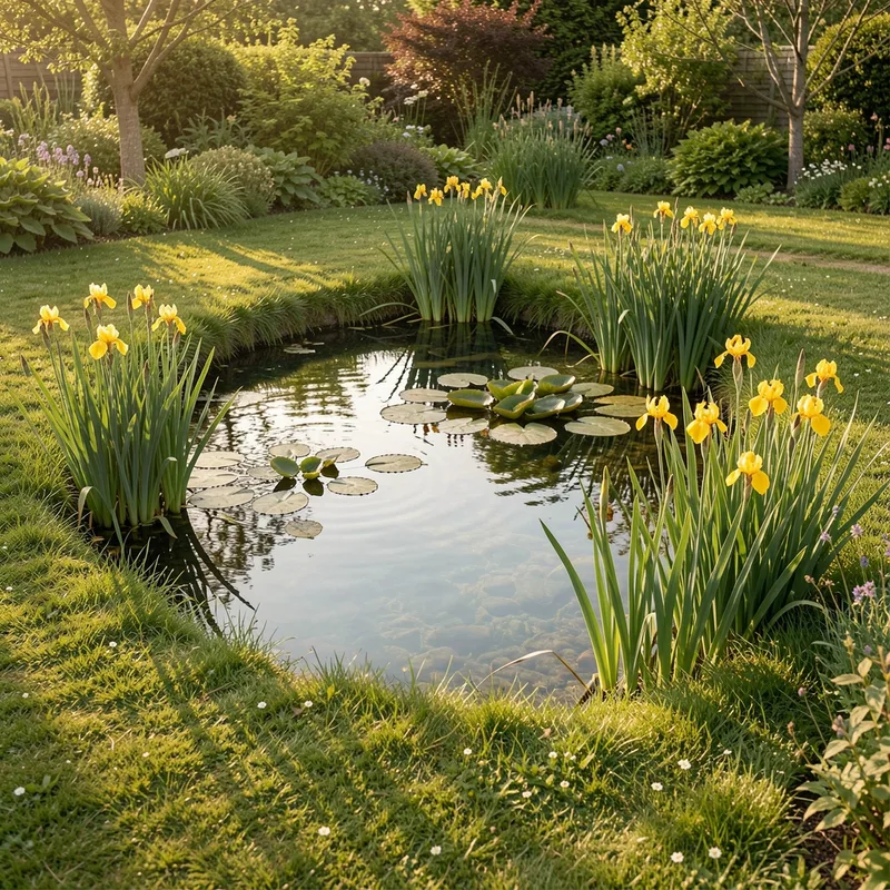 Mare de jardin naturelle bordée d’iris et de joncs, eau claire et berge en pente douce
