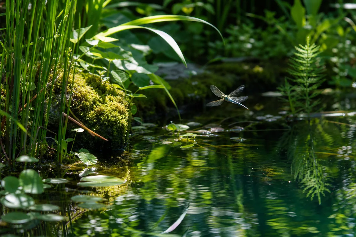 Mare naturelle de jardin entourée de plantes aquatiques, refuge de biodiversité