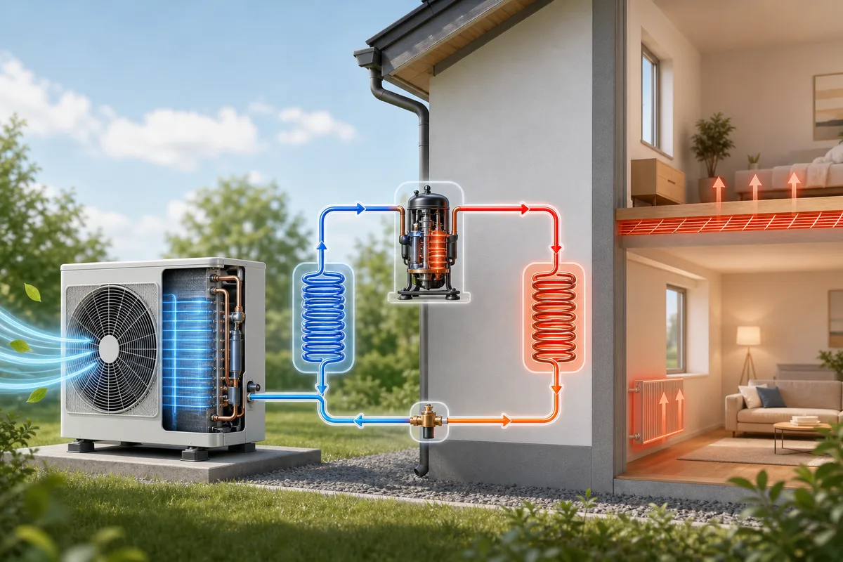 Schéma illustré du fonctionnement d’une pompe à chaleur captant les calories de l’air extérieur