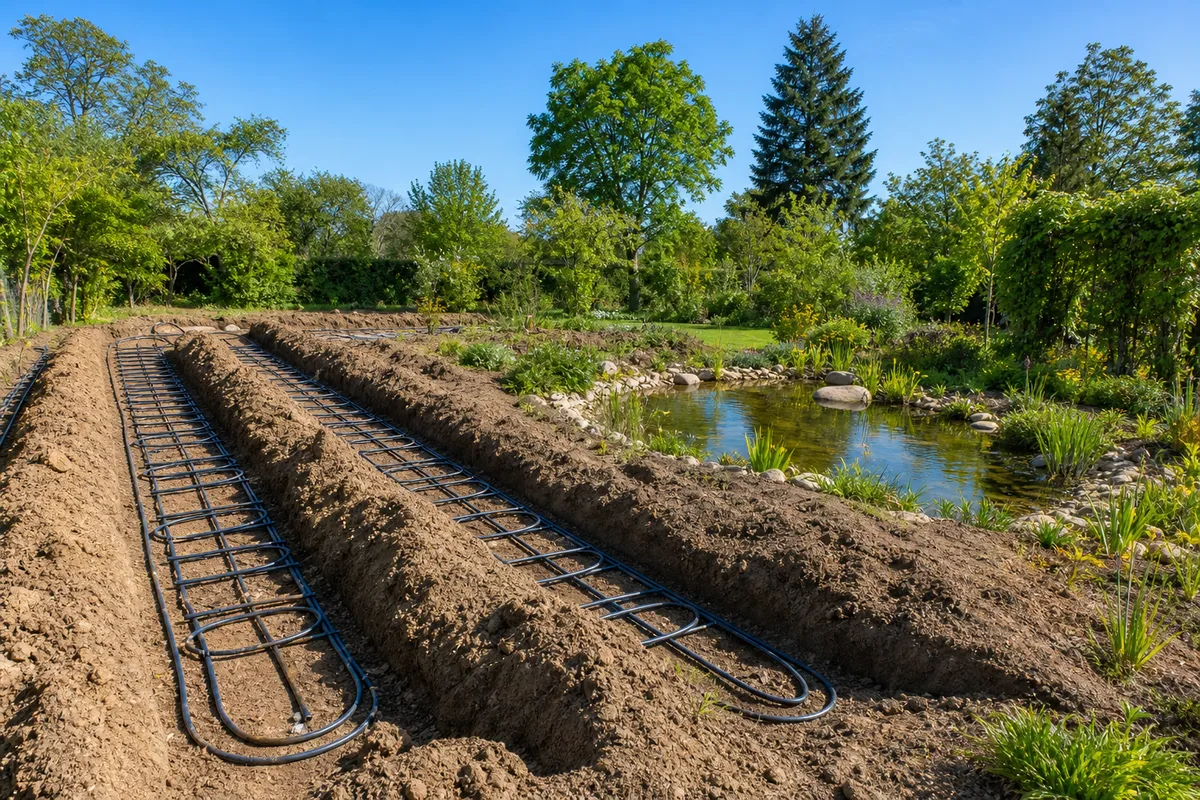 Capteurs géothermiques enterrés dans un jardin près d’un point d’eau naturel