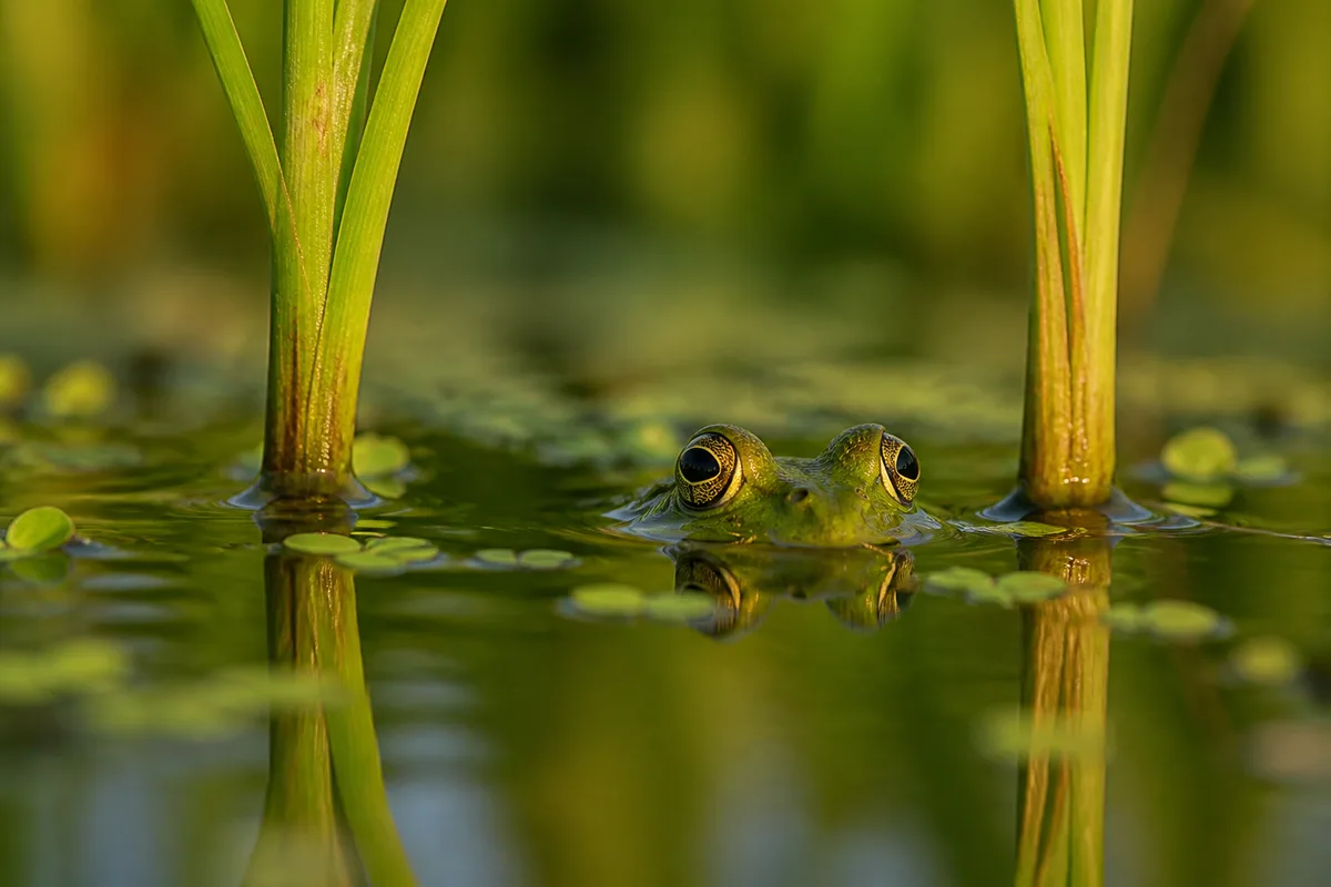 Rizière en eau au lever du soleil, jeunes pousses de riz alignées dans une lame d’eau miroitante