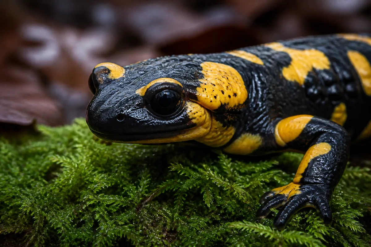 Salamandre tachetée noire aux taches jaune vif posée sur la mousse d’un sous-bois humide
