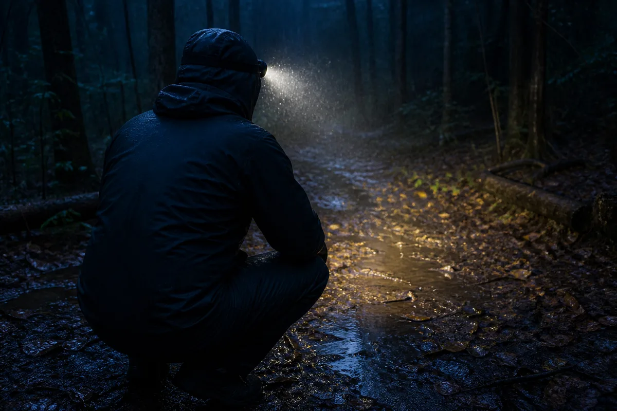 Randonneur accroupi observant une salamandre à la lampe sur un chemin forestier mouillé la nuit